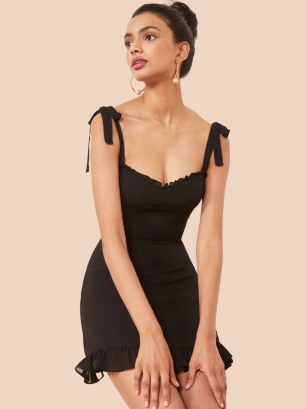 Reformation Black Tie-Shoulder Mini Dress